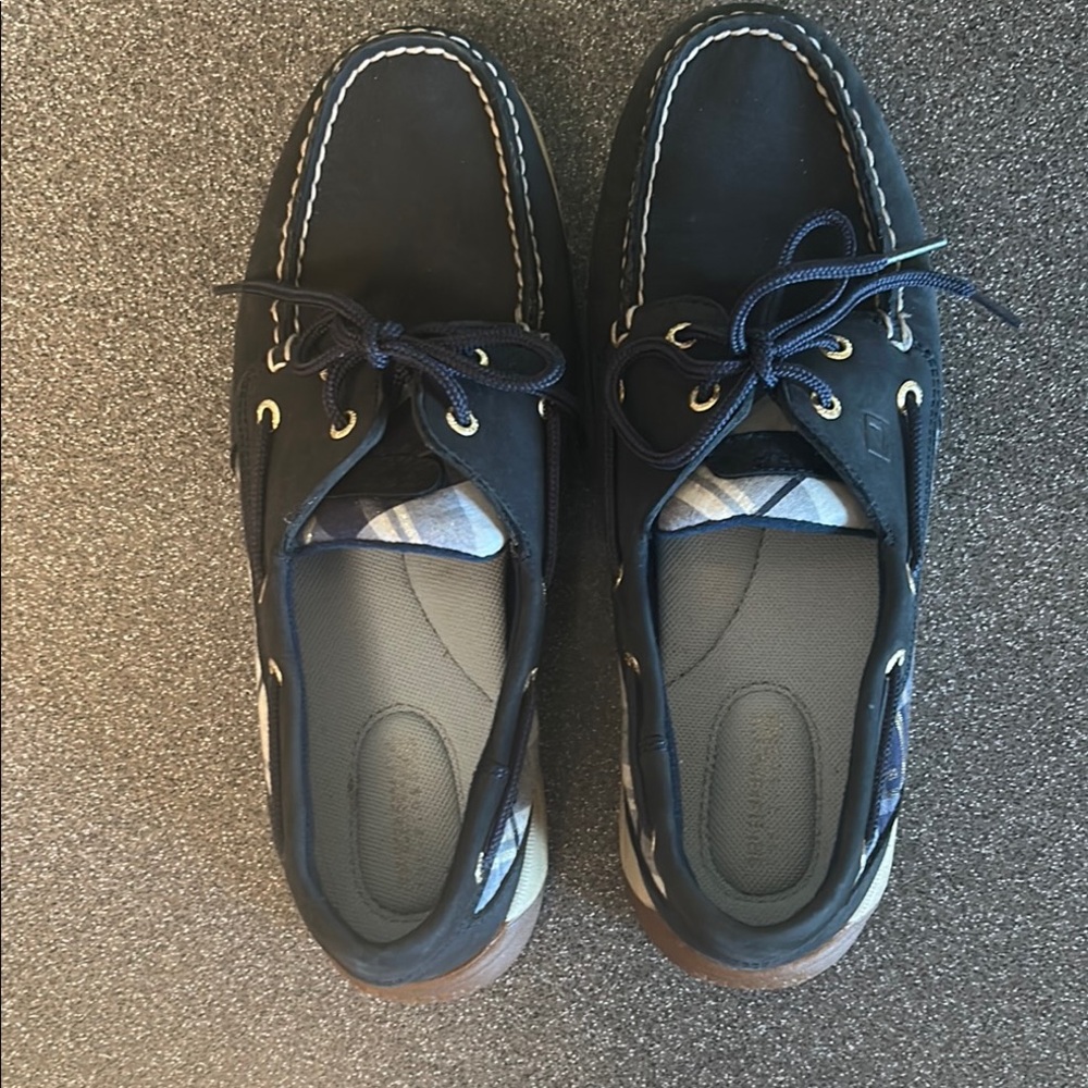 Sperry Top Siders. Navy with plaid accents. Size 9.